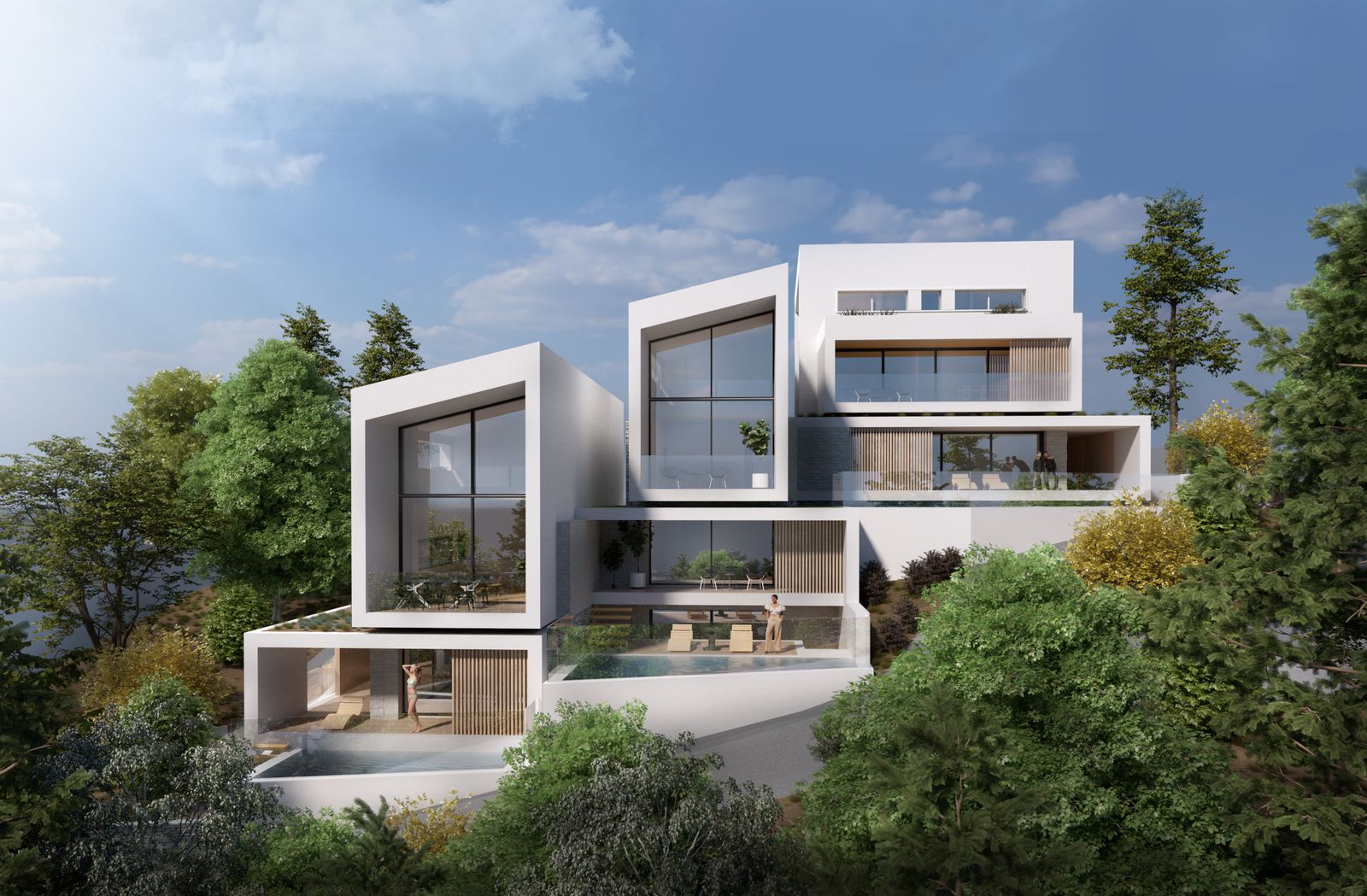 Render of both volumes seen from below the plot, stepping down the wooded hillside with terraces and a pool on the lower level
