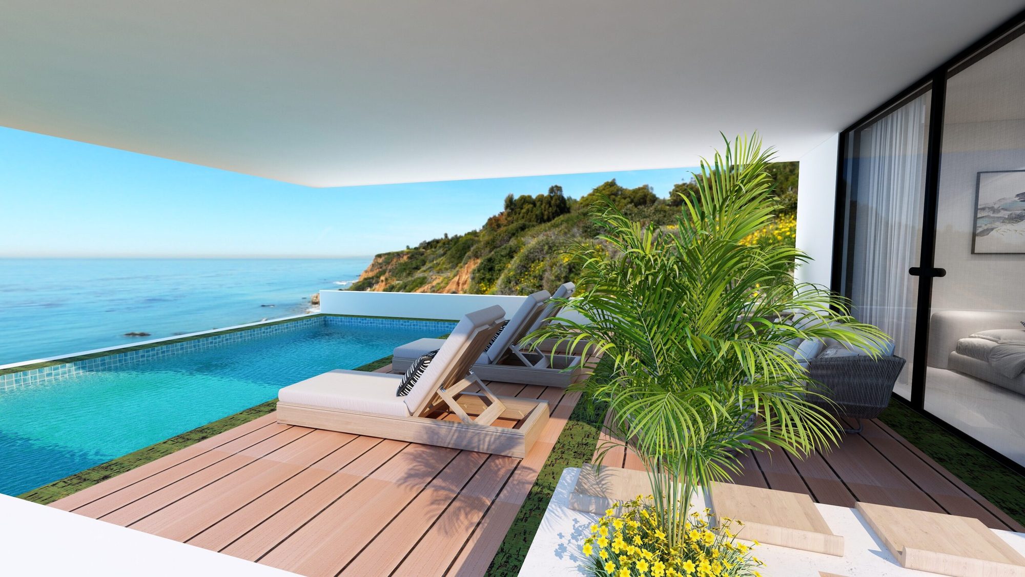 A private pool on a timber deck, its far edge reading level with the Toroneos gulf, the wooded headland beyond